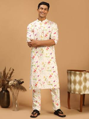 Cream Cotton Blend Kurta Pyjama Set 1