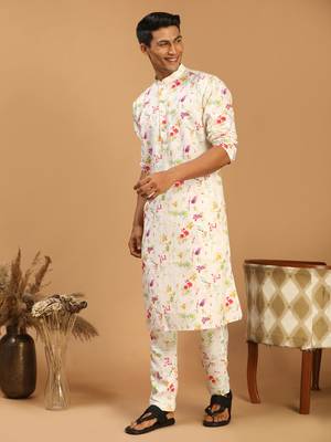Cream Cotton Blend Kurta Pyjama Set 2