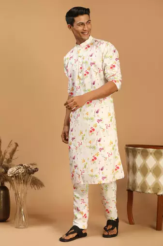 Cream Cotton Blend Kurta Pyjama Set