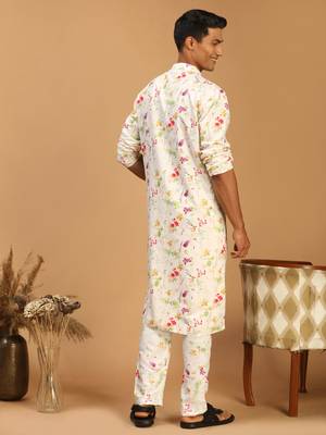 Cream Cotton Blend Kurta Pyjama Set 3
