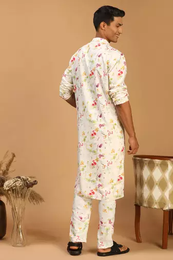 Cream Cotton Blend Kurta Pyjama Set