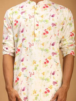 Cream Cotton Blend Kurta Pyjama Set 4