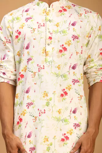 Cream Cotton Blend Kurta Pyjama Set
