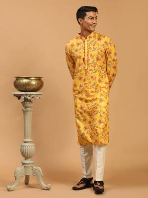 Men'S Multicolor-Base-Mustard And Cream Muslin Blend Kurta Pyjama Set 1