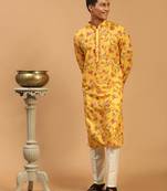 Men'S Multicolor-Base-Mustard And Cream Muslin Blend Kurta Pyjama Set