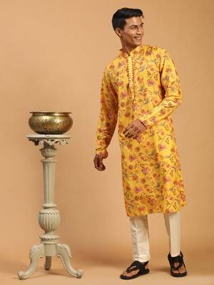 Men'S Multicolor-Base-Mustard And Cream Muslin Blend Kurta Pyjama Set 2