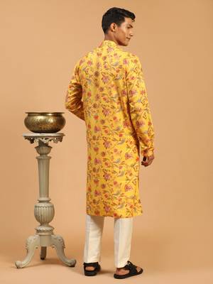Men'S Multicolor-Base-Mustard And Cream Muslin Blend Kurta Pyjama Set 3