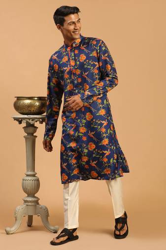 Men'S Multicolor-Base-Navy Blue And Cream Muslin Blend Kurta Pyjama Set