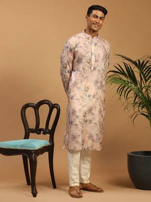 Pink And White Cotton Blend Kurta Pyjama Set 1