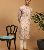 Pink And White Cotton Blend Kurta Pyjama Set