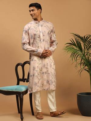 Pink And White Cotton Blend Kurta Pyjama Set 2