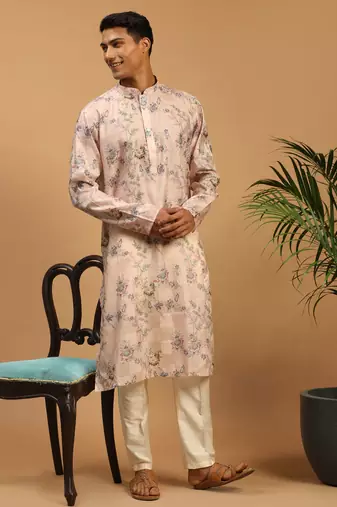 Pink And White Cotton Blend Kurta Pyjama Set
