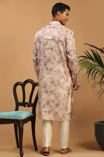 Pink And White Cotton Blend Kurta Pyjama Set
