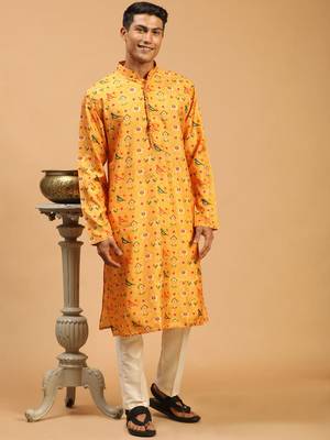 Men'S Yellow And Cream Cotton Silk Kurta Pyjama Set 1