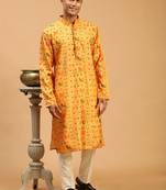 Men'S Yellow And Cream Cotton Silk Kurta Pyjama Set