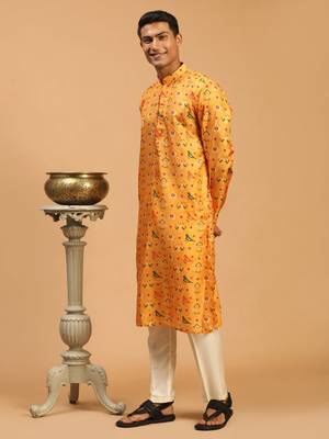 Men'S Yellow And Cream Cotton Silk Kurta Pyjama Set 2