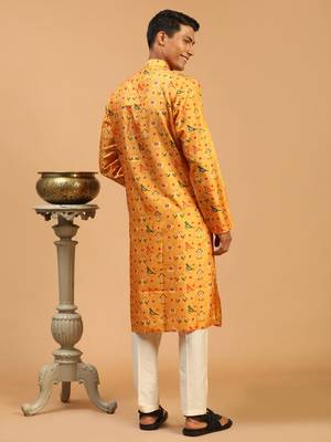 Men'S Yellow And Cream Cotton Silk Kurta Pyjama Set 3