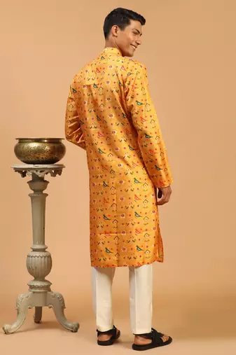 Men'S Yellow And Cream Cotton Silk Kurta Pyjama Set
