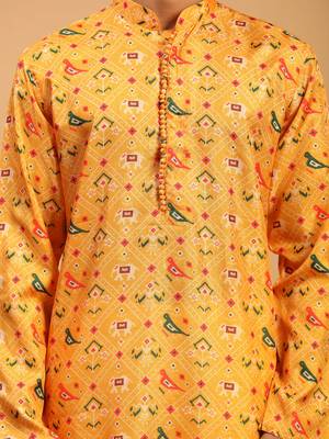 Men'S Yellow And Cream Cotton Silk Kurta Pyjama Set 4