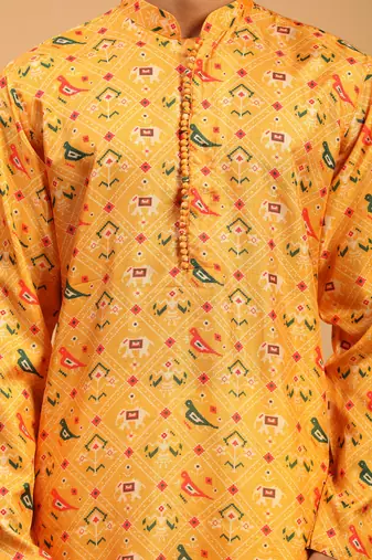 Men'S Yellow And Cream Cotton Silk Kurta Pyjama Set