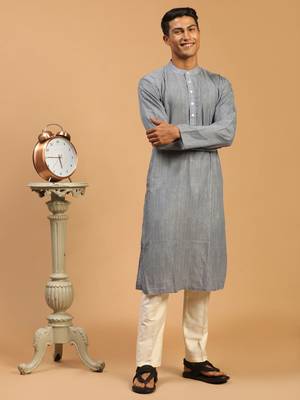Grey And Cream Cotton Blend Kurta Pyjama Set 1