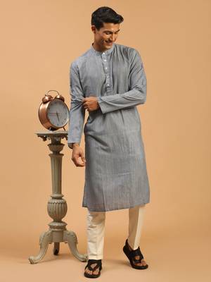 Grey And Cream Cotton Blend Kurta Pyjama Set 2