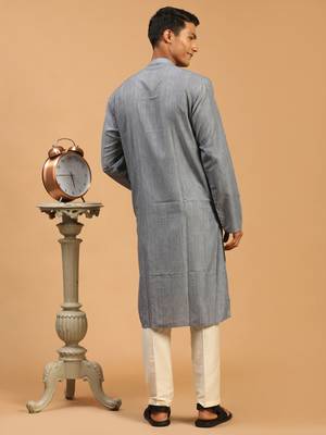 Grey And Cream Cotton Blend Kurta Pyjama Set 3