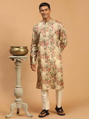 Cream And Brown Silk Blend Kurta Pyjama Set 1