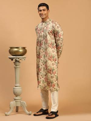 Cream And Brown Silk Blend Kurta Pyjama Set 2