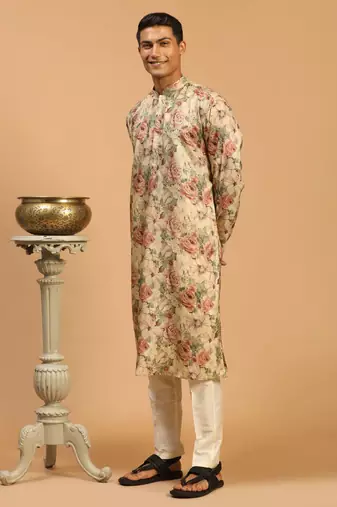 Cream And Brown Silk Blend Kurta Pyjama Set