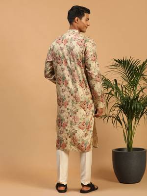 Cream And Brown Silk Blend Kurta Pyjama Set 3