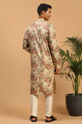 Cream And Brown Silk Blend Kurta Pyjama Set