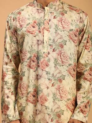 Cream And Brown Silk Blend Kurta Pyjama Set 4