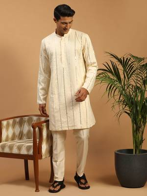 Cream Viscose Kurta Pyjama Set 2