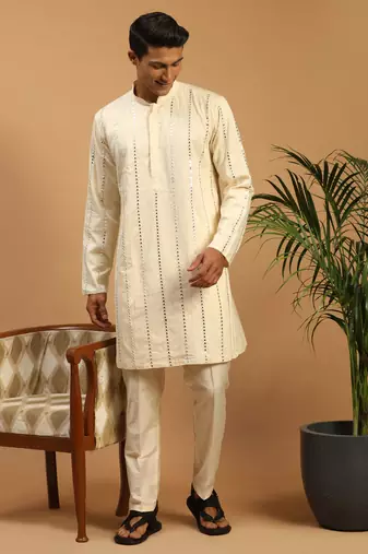 Cream Viscose Kurta Pyjama Set