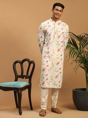 Cream Cotton Blend Kurta Pyjama Set 1