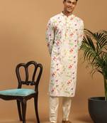 Cream Cotton Blend Kurta Pyjama Set