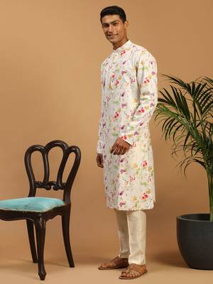 Cream Cotton Blend Kurta Pyjama Set 2