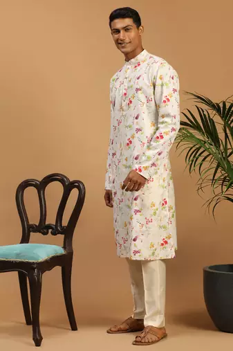 Cream Cotton Blend Kurta Pyjama Set