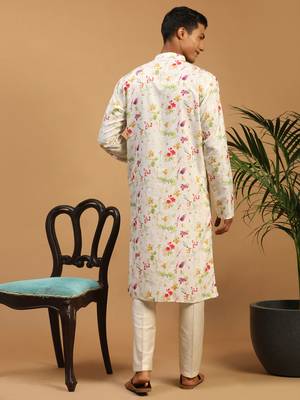 Cream Cotton Blend Kurta Pyjama Set 3