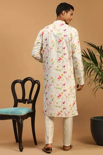Cream Cotton Blend Kurta Pyjama Set