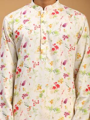 Cream Cotton Blend Kurta Pyjama Set 4