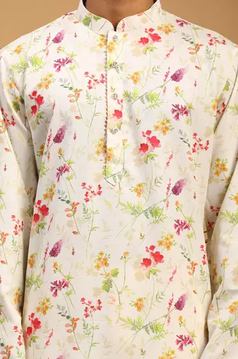 Cream Cotton Blend Kurta Pyjama Set