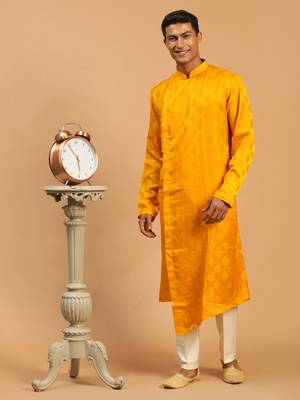 Yellow And Cream Viscose Blend Kurta Pyjama Set 1