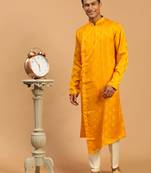 Yellow And Cream Viscose Blend Kurta Pyjama Set