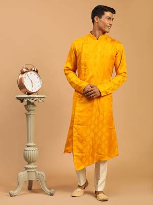 Yellow And Cream Viscose Blend Kurta Pyjama Set 2