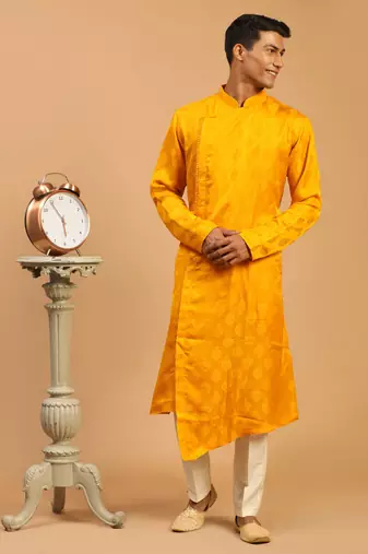 Yellow And Cream Viscose Blend Kurta Pyjama Set