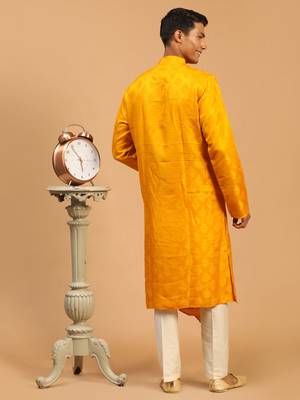 Yellow And Cream Viscose Blend Kurta Pyjama Set 3