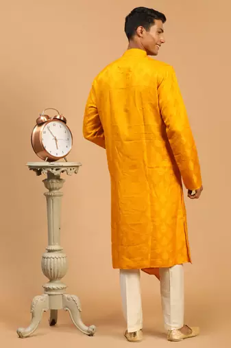 Yellow And Cream Viscose Blend Kurta Pyjama Set