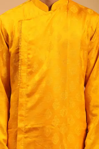 Yellow And Cream Viscose Blend Kurta Pyjama Set